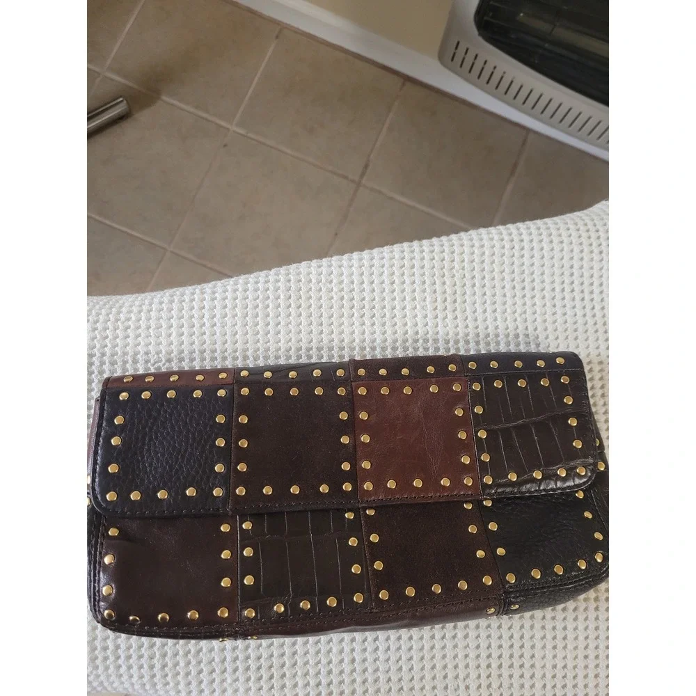 Michael Kors Studded Patchwork Leather Clutch Handbag Brown Gold Hippie Style‎